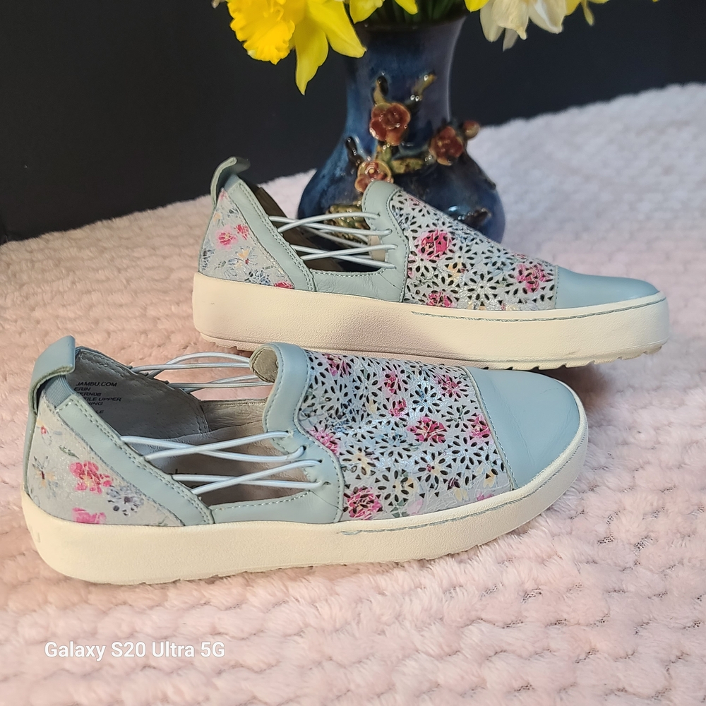 Jambu Women's Light Blue Floral Laser-Cut Slip-On Sneakers